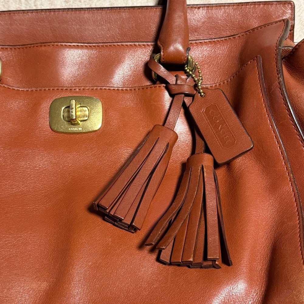Coach Legacy Leather Tassel Tote Bag Cognac Brown Turnlock Satchel Purse - Picture 2 of 10